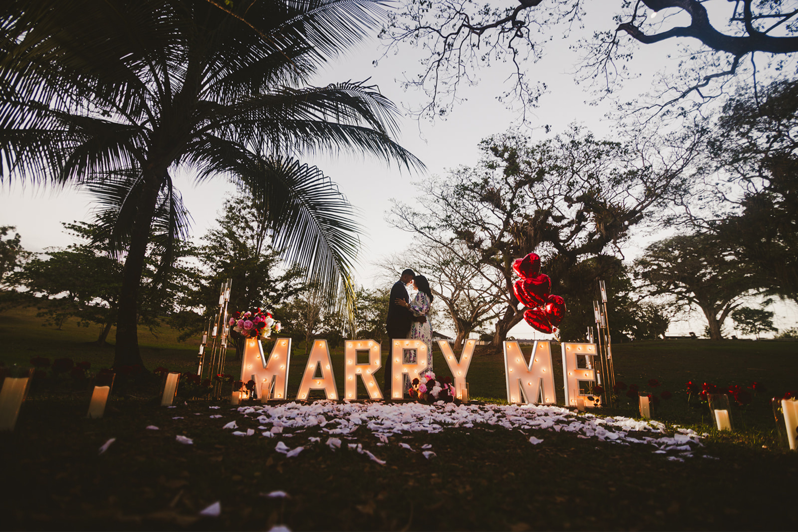 Romantic Marquee letters Marriage Proposal Setup at Palmiste Park San Fernando Trinidad and Tobago. Setup by Picnic-Perfect Ltd. Photo by Ravindra Ramkallawan Photography
