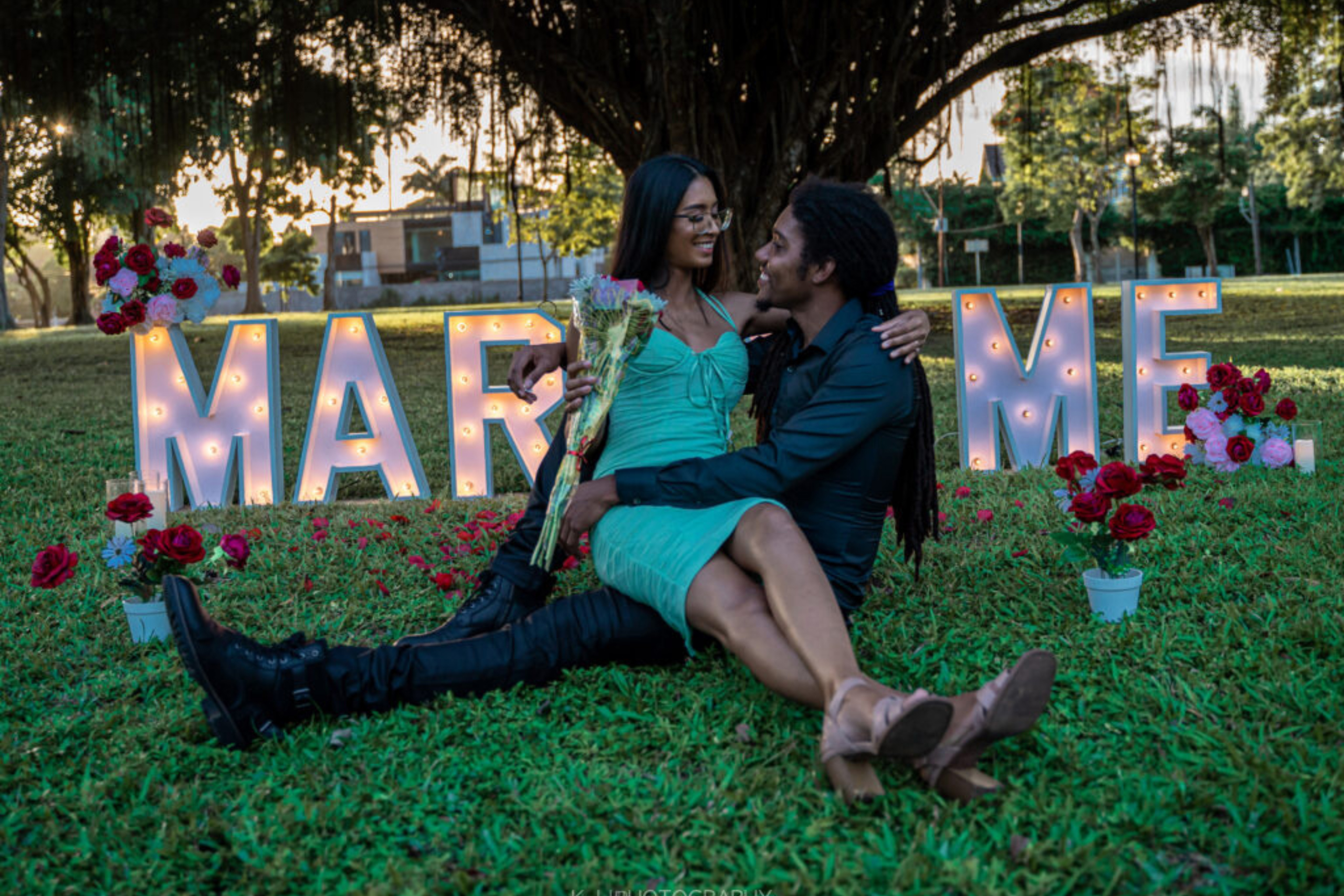 Romantic Outdoor Proposal at Jackson Square Port of Spain Trinidad and Tobago. Setup by Picnic-Perfect Ltd. Photo by KJ photography
