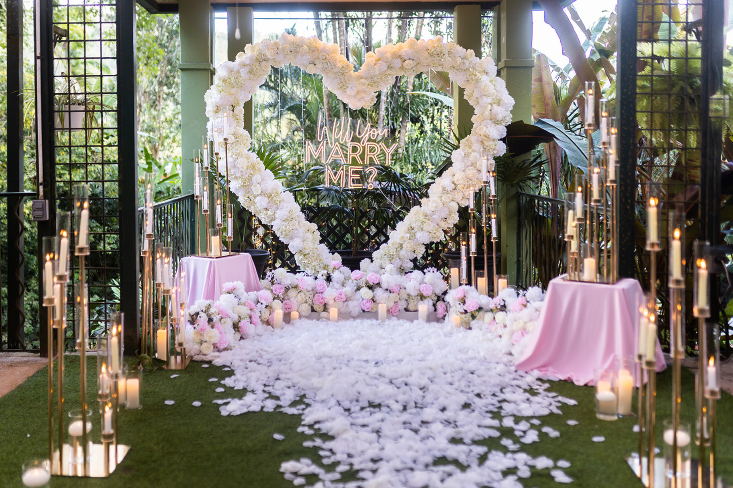 Epic Indoor Heart Arch Marriage Proposal in Trinidad and Tobago. Setup by Picnic-Perfect Ltd. Photo by Ravindra Ramkallawan Photography