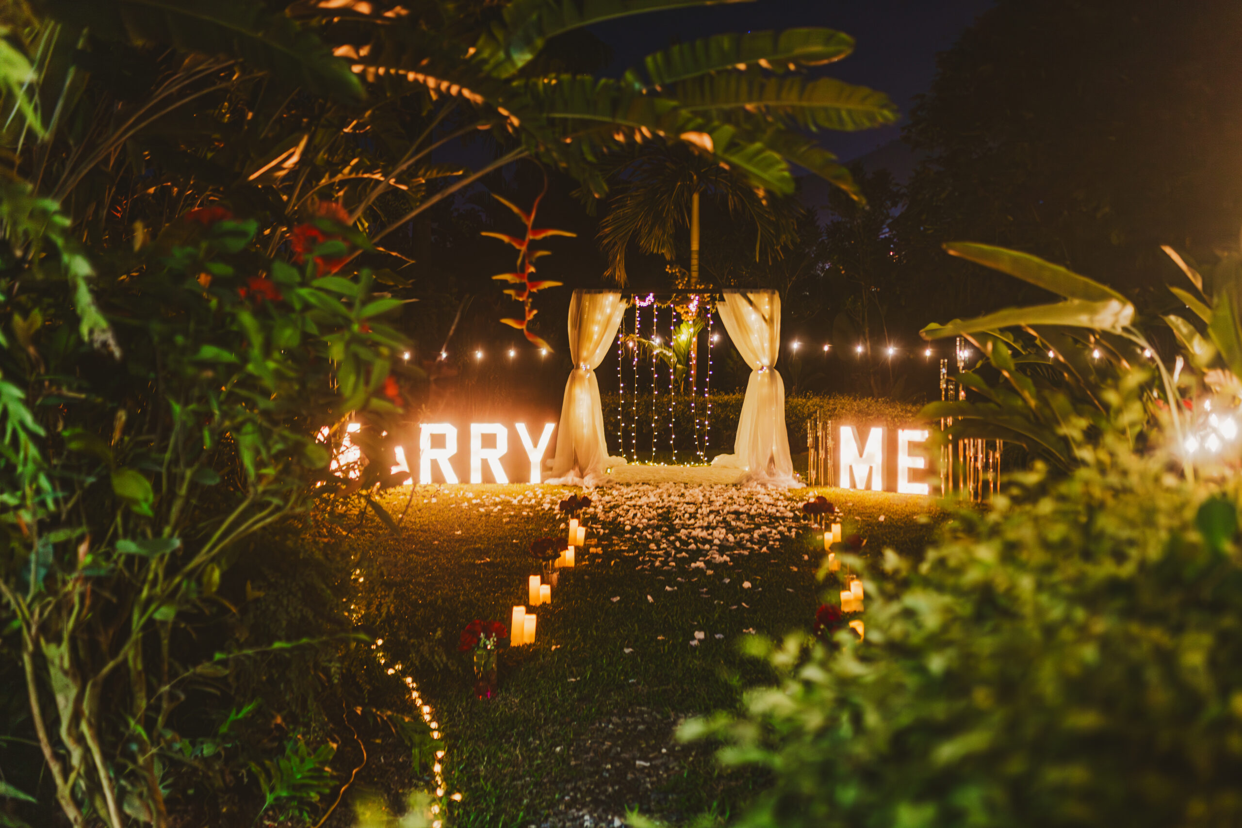 Romantic Gazebo Marriage Proposal with marquee letters in Trinidad and Tobago. Setup by Picnic-Perfect Ltd. Photo by Ravindra Ramkallawan Photography