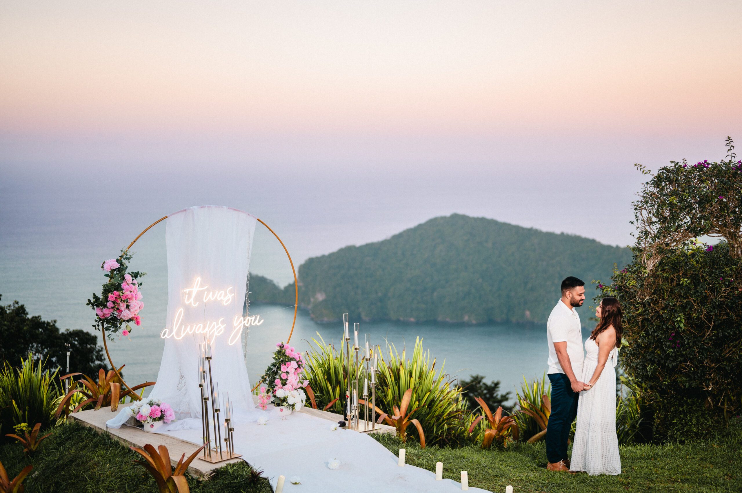 Beautiful Marriage Proposal with "It was alwys You" neon sign at Mahogany Ridge Trinidad